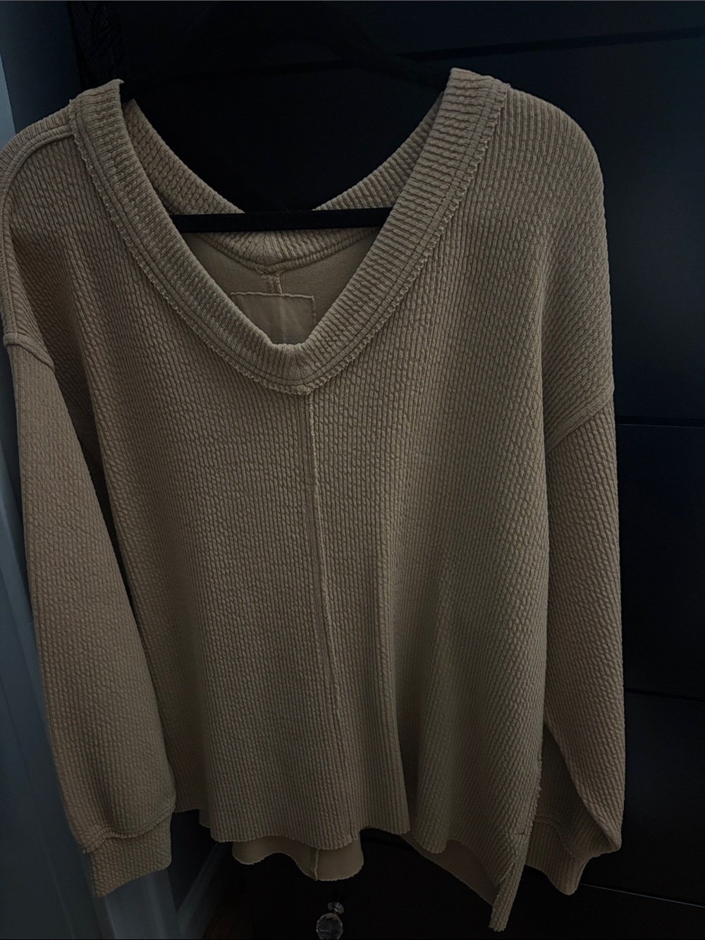 aerie Oversized V-Neck Waffle Knit Pullover - Beige